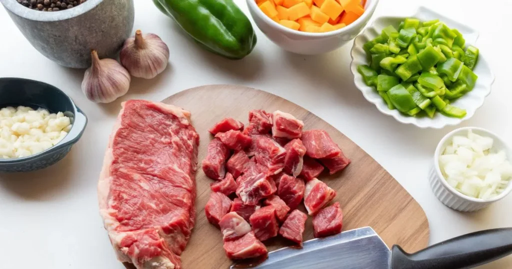 Fresh raw beef shanks cut on a wooden board