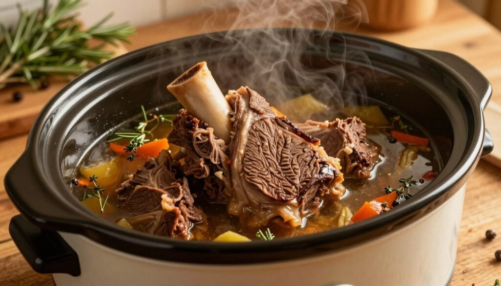 Beef shank with bone simmering in a slow cooker, showcasing rich, tender meat surrounded by glossy, aromatic vegetable broth. The scene captures the hearty cuts of beef with marrow bone protruding, set against a backdrop of fresh herbs and spices like rosemary and thyme. Warm, golden lighting casts a homely glow over the dish, emphasizing the steam rising from the pot, which hints at the slow cooking process. The slow cooker is on a rustic wooden kitchen countertop, with gentle reflections on the surface. The atmosphere is inviting and cozy, perfect for a comforting meal. Use a close-up angle to draw attention to the textures of the beef and broth, highlighting their inviting appearance without any distractions like text or logos.