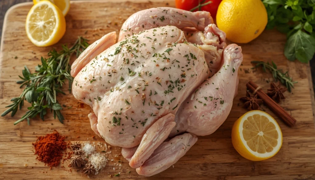 A whole chicken roasting on a rack inside an oven, glowing warm heat, a digital meat thermometer inserted into the breast, golden skin starting to form, professional culinary photography.