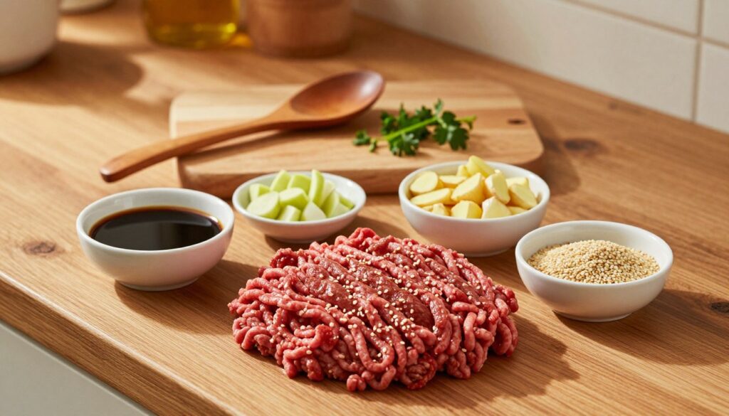 A beautiful arrangement of measured ingredients for a beef bowl on a rustic wooden kitchen countertop. In the foreground, a neat pile of ground beef, glistening and rich, alongside small bowls of dark soy sauce, finely chopped ginger, minced garlic, and a sprinkle of sesame seeds. The middle layer includes a wooden spoon and a cutting board with a few scattered fresh herbs for garnish. The background softly blurs out with warm, inviting kitchen lighting that creates a cozy atmosphere, casting gentle shadows. The scene is shot from a top-down angle, showcasing the vibrant colors and textures of the ingredients, evoking a sense of delicious anticipation for a fun weeknight dinner.