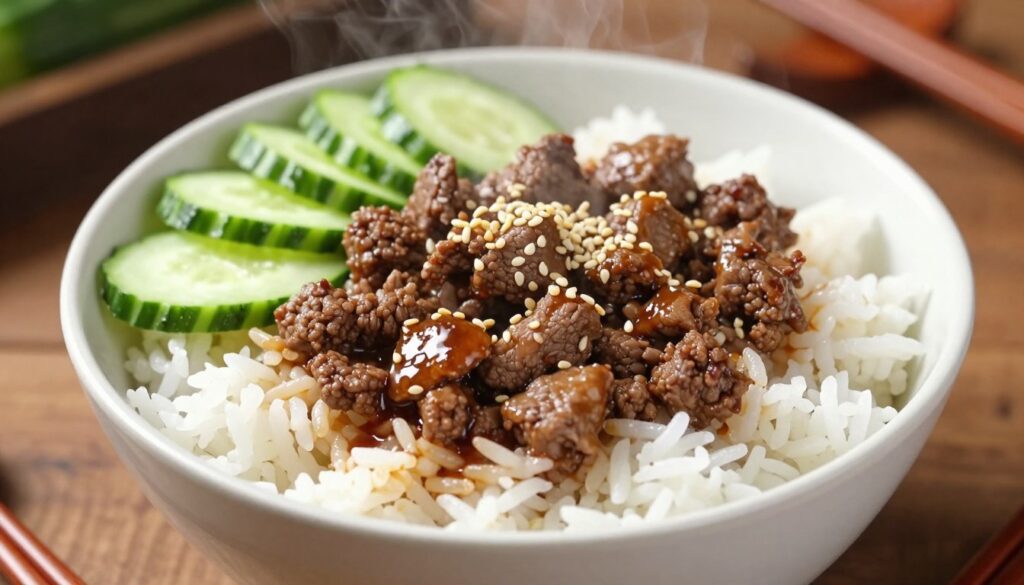 A beautifully arranged beef bowl featuring steaming white rice as the base, topped generously with seasoned, juicy ground beef glistening with soy sauce. Fresh, thinly sliced cucumbers rest elegantly on one side, adding a refreshing green contrast to the dish. A light sprinkle of sesame seeds enhances the visual appeal. The foreground should showcase the textures and colors of the ingredients, with a shallow depth of field blurring the background slightly. Arrange the bowl on a rustic wooden table to evoke a cozy, home-cooked ambiance. Soft, warm lighting illuminates the dish, creating an inviting atmosphere perfect for a weeknight dinner setting. The overall composition should exude simplicity and comfort, emphasizing the deliciousness and easy preparation of the meal.