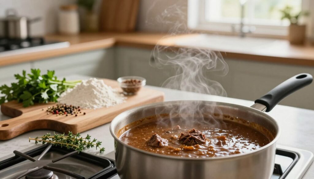 A beautifully arranged kitchen scene showcasing the process of making easy beef gravy. In the foreground, a saucepan sits on a stovetop with rich, velvety beef gravy simmering, steam gently rising to indicate warmth. Fresh herbs like thyme and parsley are sprinkled around, enhancing the rustic feel. In the middle, a wooden cutting board displays scattered ingredients such as flour, broth, and seasonings, hinting at common mistakes like overusing flour or insufficient seasoning. The background features a cozy, well-lit kitchen with soft, natural light spilling in through a window, casting warm shadows that evoke a homely atmosphere. The focus is sharp on the gravy and ingredients, using a shallow depth of field to beautifully blur the background, making the scene inviting and informative.