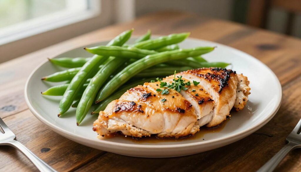 A beautifully arranged lighter plate of chicken breasts, lightly sautéed to a golden-brown perfection, sits in the foreground. The chicken is garnished with fresh herbs, adding vibrant green accents. Beside it, perfectly steamed green beans glisten with freshness, their bright color contrasting beautifully against the chicken. The background features a rustic wooden table setting, providing a warm and inviting atmosphere. Soft, natural light filters in from a nearby window, casting gentle shadows that enhance the texture of the food. The scene conveys a sense of home-cooked comfort and simplicity, ideal for a healthy meal. Emphasize the freshness and appeal of the dish, capturing its delicious and nutritious essence. No text, logos, or watermarks to distract from the image.