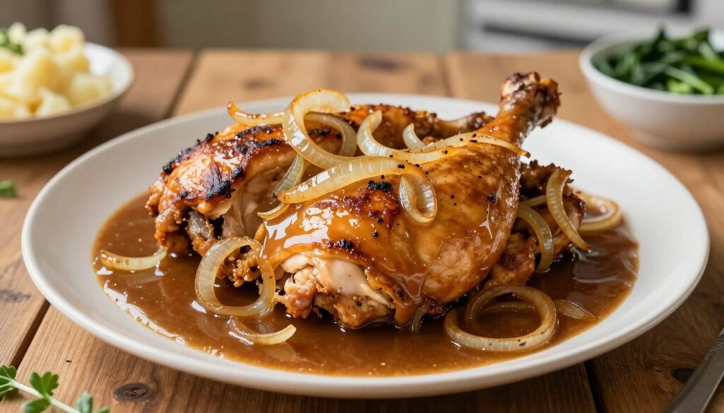 A beautifully arranged plate of Southern smothered chicken, glistening with rich onion gravy, is the focus of this image. The chicken is seared to a golden brown, with tender, juicy pieces nestled in a luscious brown sauce that wraps around them. Slices of caramelized onions are artfully scattered on top, adding warmth and depth. In the middle ground, a rustic wooden table serves as the backdrop, with hints of herbs and side dishes like mashed potatoes and steamed greens enhancing the scene. Soft, warm lighting creates a cozy and inviting atmosphere, with the angle positioned slightly above the plate to capture the dish's richness. The background features a faint blur of a kitchen setting, adding to the homey feel without distraction.