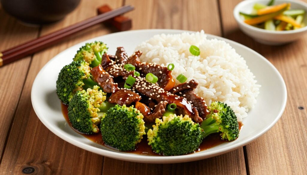 A beautifully arranged plate of beef and broccoli stir-fry, glistening with a savory soy sauce glaze, served over a mound of fluffy white rice. In the foreground, the vibrant green broccoli florets contrast with tender, marinated strips of beef, all garnished with sesame seeds and thinly sliced green onions. The middle ground features a stylish, rustic wooden table that enhances the dish's appetizing presentation. Gently diffused, warm lighting casts soft shadows that bring out the rich colors of the ingredients. In the background, slightly blurred, there are elegant chopsticks and a small bowl of pickled vegetables, evoking an authentic Asian dining atmosphere. The overall mood is inviting and mouthwatering, capturing the essence of home-cooked Asian cuisine.