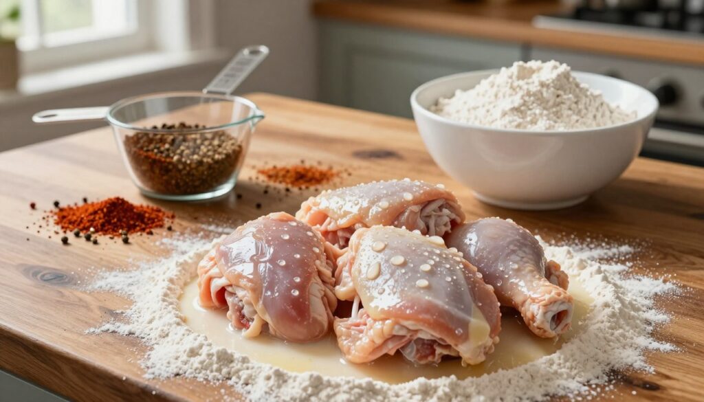 A beautifully arranged setup featuring raw chicken pieces marinated in buttermilk, alongside a bowl of flour ready for breading, all placed on a rustic wooden countertop. In the foreground, focus on the glossy chicken, droplets of buttermilk glistening on the surface, surrounded by a dusting of flour. The middle layer showcases an elegant measuring cup filled with spices commonly used in Nashville hot chicken—such as cayenne pepper and paprika—artfully scattered around for visual interest. The background hints at a cozy kitchen atmosphere, with soft natural light filtering through a nearby window, casting gentle shadows. The scene conveys a warm, inviting mood, perfect for a home-cooked meal, emphasizing the homemade aspect of the Nashville hot chicken recipe.