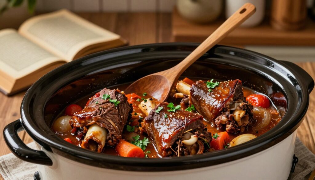 A beautifully arranged slow cooker filled with Italian beef shanks, braising gently in a rich, savory gravy infused with garlic, herbs, and tomatoes. The foreground showcases the glossy, tender beef shanks resting atop a bed of aromatic vegetables like carrots and onions, glistening with a sprinkle of fresh parsley. In the middle ground, a wooden spoon rests beside the slow cooker, hinting at the culinary magic within. The background features a cozy, rustic kitchen with warm, ambient lighting casting soft shadows, enhancing the inviting atmosphere. A vintage cookbook lies open on the counter, emphasizing the classic Italian vibe. The image should evoke a sense of warmth and home-cooked comfort, ideal for highlighting the deep, savory flavors of this traditional dish.