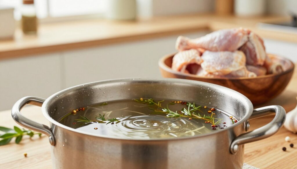 A close-up view of a large stainless steel pot filled with a glistening, clear brine, infused with herbs and spices, simmering gently on a wooden kitchen counter. In the foreground, droplets of condensation form on the outside of the pot, emphasizing the cooling process. The middle ground showcases fresh chicken pieces sitting in a rustic wooden bowl, ready to be submerged in the brine. The background features a bright and airy kitchen with soft, natural light filtering through the window, creating a warm and inviting atmosphere. The scene conveys a sense of preparation and anticipation, with hints of fresh ingredients like herbs and garlic scattered around, enhancing the culinary ambiance. The composition is balanced, with a shallow depth of field to highlight the pot and chicken. A close-up view of a large stainless steel pot filled with a glistening, clear brine, infused with herbs and spices, simmering gently on a wooden kitchen counter. In the foreground, droplets of condensation form on the outside of the pot, emphasizing the cooling process. The middle ground showcases fresh chicken pieces sitting in a rustic wooden bowl, ready to be submerged in the brine. The background features a bright and airy kitchen with soft, natural light filtering through the window, creating a warm and inviting atmosphere. The scene conveys a sense of preparation and anticipation, with hints of fresh ingredients like herbs and garlic scattered around, enhancing the culinary ambiance. The composition is balanced, with a shallow depth of field to highlight the pot and chicken.
