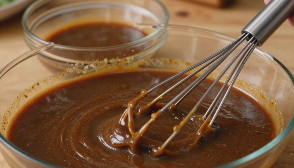 A close-up view of a rich, savory pan drippings gravy being whisked smoothly with a cornstarch slurry. The foreground features a shiny, metal whisk gliding through a glossy, deep brown gravy, capturing its tempting sheen and consistency. In the middle, a clear glass bowl holds the gravy, with hints of herbs and seasoning visible, reflecting light slightly. The background consists of a rustic wooden kitchen countertop, softly blurred to emphasize the gravy. Warm, ambient lighting creates a cozy atmosphere, highlighting the inviting textures and colors. The scene evokes a sense of comfort and culinary artistry, perfect for illustrating a wholesome cooking experience. A close-up view of a rich, savory pan drippings gravy being whisked smoothly with a cornstarch slurry. The foreground features a shiny, metal whisk gliding through a glossy, deep brown gravy, capturing its tempting sheen and consistency. In the middle, a clear glass bowl holds the gravy, with hints of herbs and seasoning visible, reflecting light slightly. The background consists of a rustic wooden kitchen countertop, softly blurred to emphasize the gravy. Warm, ambient lighting creates a cozy atmosphere, highlighting the inviting textures and colors. The scene evokes a sense of comfort and culinary artistry, perfect for illustrating a wholesome cooking experience.