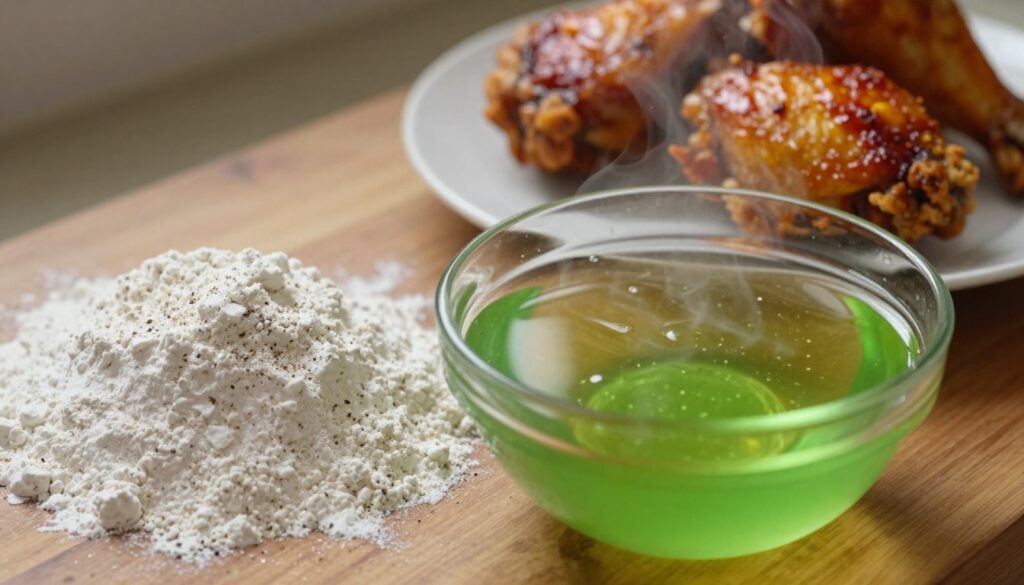A close-up view of a rustic wooden kitchen countertop featuring a bowl filled with vibrant green pickle brine, shimmering with moisture. Beside it, there is a mound of seasoned flour with specks of black pepper and herbs, looking inviting and ready for use. In the background, a perfectly fried piece of Nashville hot chicken, glistening with a spicy oil coating, rests on a white plate, steam rising gently. Soft, warm lighting bathes the scene, creating a cozy atmosphere that evokes home cooking. The focus is sharp on the pickle brine and seasoned flour in the foreground, while the fried chicken softly blurs into the background, captured from a slightly angled overhead perspective to enhance depth.