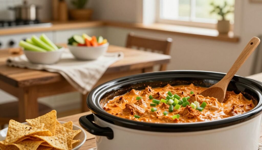 A cozy kitchen scene featuring a slow cooker filled with creamy buffalo chicken dip, garnished with chopped green onions and served with crispy tortilla chips on the side. In the foreground, a wooden spoon rests beside the slow cooker, showcasing the dip's vibrant orange hue. The middle layer includes a rustic wooden table with a light-colored cloth, and bowls containing celery sticks and assorted vegetables for dipping. The background shows a softly lit kitchen with warm, natural light filtering in through a nearby window, creating a welcoming atmosphere. The image captures a sense of comfort and casual dining, evoking a homely and inviting mood perfect for entertaining. Use a shallow depth of field to keep focus on the dip while softly blurring the background elements. A cozy kitchen scene featuring a slow cooker filled with creamy buffalo chicken dip, garnished with chopped green onions and served with crispy tortilla chips on the side. In the foreground, a wooden spoon rests beside the slow cooker, showcasing the dip's vibrant orange hue. The middle layer includes a rustic wooden table with a light-colored cloth, and bowls containing celery sticks and assorted vegetables for dipping. The background shows a softly lit kitchen with warm, natural light filtering in through a nearby window, creating a welcoming atmosphere. The image captures a sense of comfort and casual dining, evoking a homely and inviting mood perfect for entertaining. Use a shallow depth of field to keep focus on the dip while softly blurring the background elements.