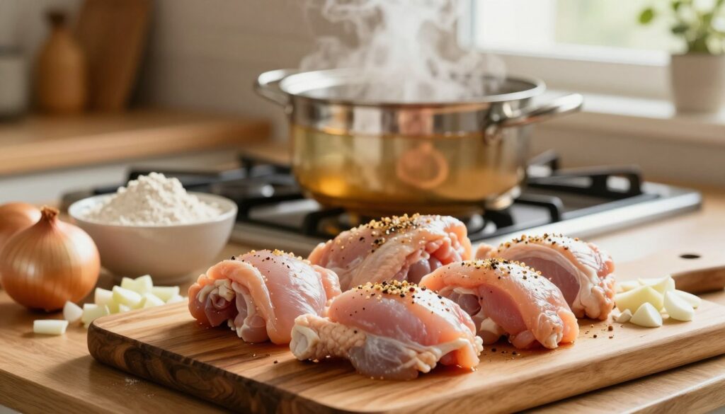 A cozy kitchen scene featuring an assortment of raw chicken pieces marinated and seasoned, placed prominently in the foreground on a rustic wooden cutting board. Surrounding the chicken, there are chopped onions and minced garlic, their textures and colors vibrant. A small bowl of flour sits nearby, dusted lightly, while a steaming pot of broth simmers gently in the background on a stovetop, with soft golden light illuminating the scene. The kitchen has warm, inviting tones, with natural light filtering in through a window, creating a comfortable and homely atmosphere perfect for a family dinner preparation. The focus is on the ingredients, highlighting their freshness and readiness for cooking, evoking feelings of warmth and togetherness in the culinary process.