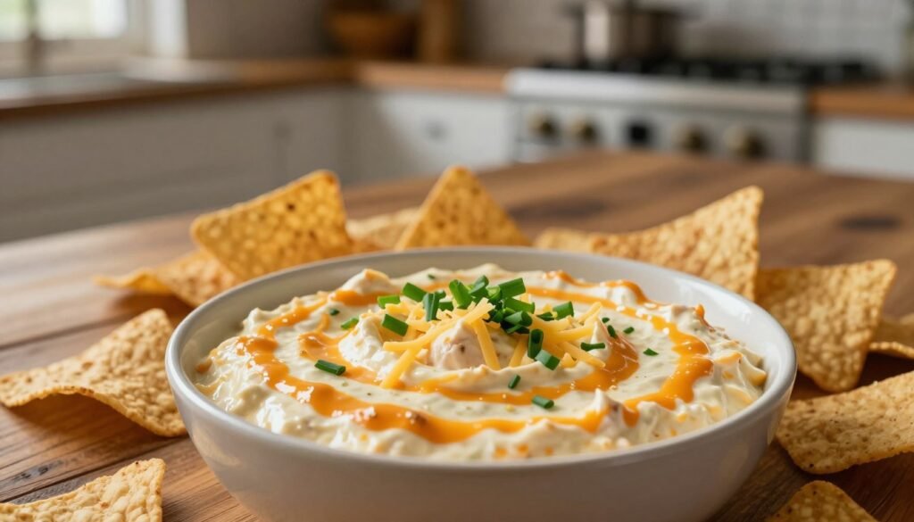 A delicious bowl of creamy buffalo chicken dip sits at the foreground, showcasing its rich, smooth texture with luscious orange and white swirls, topped with fresh green chives and a sprinkle of shredded cheese. Surrounding the bowl, crispy tortilla chips are elegantly arranged, invitingly capturing the dip’s flavor. In the middle, a rustic wooden table adds warmth, while the background features a softly lit kitchen scene with subtle hints of oven light, emphasizing the warmth and comfort of home cooking. The atmosphere is cozy and inviting, perfect for a gathering, with a soft focus on the background to highlight the dip as the focal point. Natural light filters in, casting a gentle glow that enhances the creamy dip's appeal.