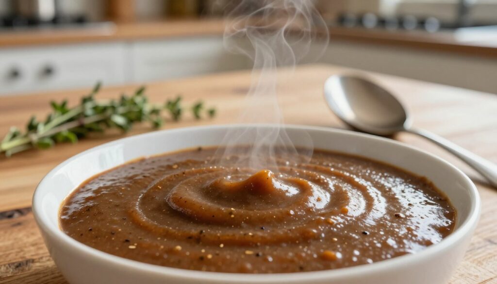 A rich, smooth bowl of beef gravy, glistening with a velvety texture, sits prominently in the foreground. The gravy, a deep brown color, has small flecks of herbs and spices visible, hinting at its flavorful composition. Steam gently rises from the bowl, creating an inviting and warm atmosphere. In the middle ground, a rustic wooden table is adorned with a few sprigs of fresh herbs, complementing the dish, while a slightly out-of-focus ladle rests nearby, as if just used to serve the gravy. The background features a softly blurred kitchen setting, with warm, natural lighting illuminating the scene, evoking a cozy home-cooked meal vibe. The angle is a slightly low perspective that enhances the depth and delicious allure of the gravy.