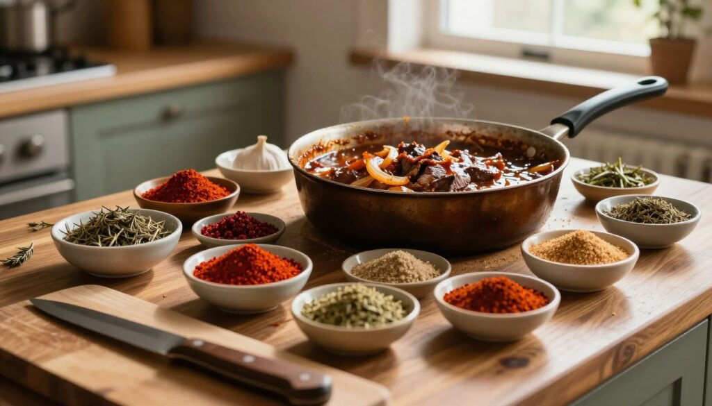 A rustic kitchen countertop filled with an array of vibrant spice rub ingredients, including paprika, garlic powder, brown sugar, and dried herbs, artfully spread out in small bowls. In the center, a rich, onion-infused brisket sauce is simmering in a saucepan, its deep caramel color glistening. The foreground reveals a wooden cutting board with a knife, while the background features a softly lit, warm-toned kitchen atmosphere. Warm natural light filters through a nearby window, creating gentle shadows and highlighting the textures of the spices and sauce. The mood is inviting and cozy, perfect for a home-cooking experience.