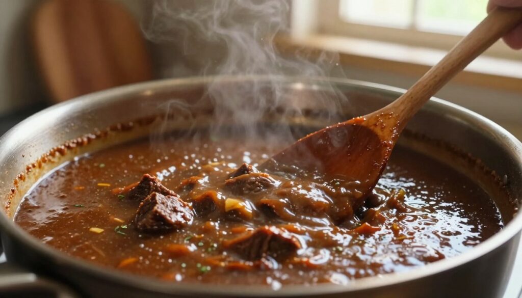 A simmering saucepan filled with rich, glossy beef gravy, the sauce bubbling gently as it cooks. The foreground features a close-up of the robust gravy, capturing its velvety texture and deep brown hue, with flecks of herbs visible throughout. In the middle ground, a sturdy wooden spoon rests against the edge of the saucepan, glistening with the gravy's sheen. The background includes a rustic kitchen setting with warm, ambient lighting that creates a cozy atmosphere. Soft sunlight filters through a nearby window, highlighting the steam rising from the gravy, adding a sense of warmth and homeliness. The overall mood is inviting and homey, perfect for showcasing the process of making delicious pot roast gravy. A simmering saucepan filled with rich, glossy beef gravy, the sauce bubbling gently as it cooks. The foreground features a close-up of the robust gravy, capturing its velvety texture and deep brown hue, with flecks of herbs visible throughout. In the middle ground, a sturdy wooden spoon rests against the edge of the saucepan, glistening with the gravy's sheen. The background includes a rustic kitchen setting with warm, ambient lighting that creates a cozy atmosphere. Soft sunlight filters through a nearby window, highlighting the steam rising from the gravy, adding a sense of warmth and homeliness. The overall mood is inviting and homey, perfect for showcasing the process of making delicious pot roast gravy.
