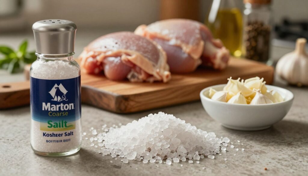 A visually appealing kitchen countertop scene featuring Morton Coarse Kosher Salt prominently in the foreground, alongside a small bowl of freshly minced garlic. The salt crystals should be large and crystalline, glistening under soft, warm lighting to emphasize their texture. In the middle ground, a rustic wooden cutting board holds raw chicken pieces prepped for brining, adding a natural element. In the background, blurred, homey kitchen elements like herbs and spices create a cozy atmosphere. The composition is shot at a slight angle to give depth, and the lighting creates subtle shadows, evoking a warm and inviting mood suitable for culinary enthusiasts. The overall color palette should reflect natural, earthy tones. A visually appealing kitchen countertop scene featuring Morton Coarse Kosher Salt prominently in the foreground, alongside a small bowl of freshly minced garlic. The salt crystals should be large and crystalline, glistening under soft, warm lighting to emphasize their texture. In the middle ground, a rustic wooden cutting board holds raw chicken pieces prepped for brining, adding a natural element. In the background, blurred, homey kitchen elements like herbs and spices create a cozy atmosphere. The composition is shot at a slight angle to give depth, and the lighting creates subtle shadows, evoking a warm and inviting mood suitable for culinary enthusiasts. The overall color palette should reflect natural, earthy tones.