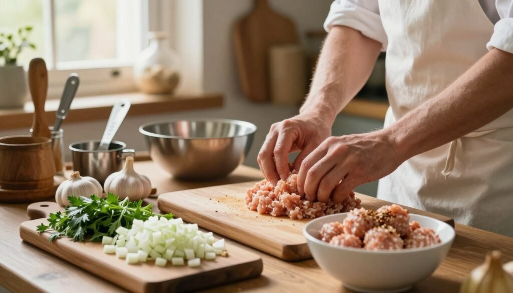A warm kitchen scene focused on preparing ingredients for chicken meatballs. In the foreground, a wooden cutting board displays finely chopped onions, garlic, and fresh herbs, along with a bowl of ground chicken seasoned with spices. A chef in a white apron, with short hair, is gently mixing the ingredients with their hands, showcasing the process. The middle ground features a neatly arranged set of kitchen tools such as measuring cups, a mixing bowl, and a pair of hands shaping meatballs. In the background, sunlight streams through a window, illuminating the rustic kitchen decor, creating a cozy and inviting atmosphere. Soft-focus effects enhance the warmth and homey feel of the scene, capturing the essence of cooking comfort food.
