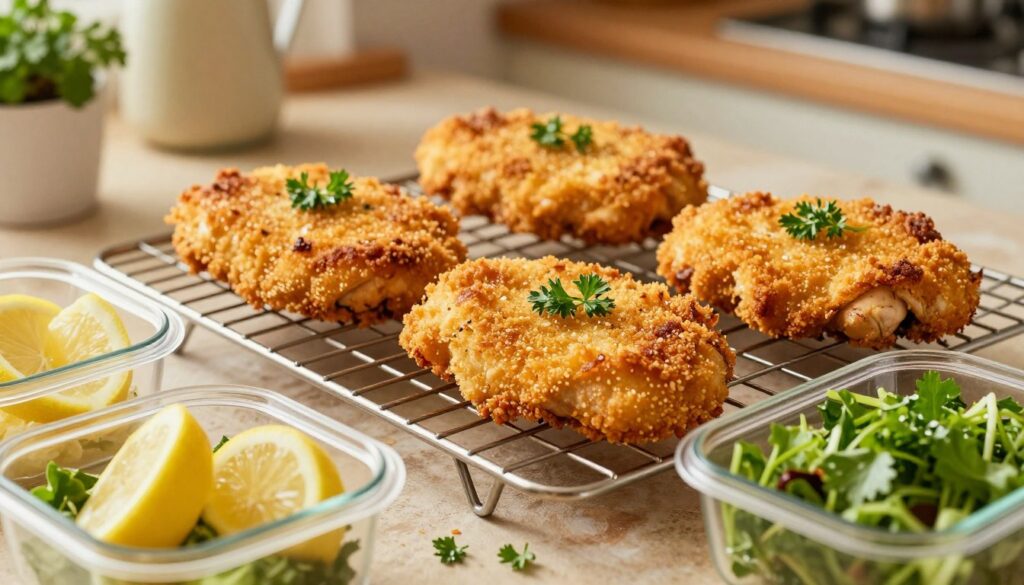 Baked chicken francese cutlets, golden and crispy, arranged cooling on a metallic rack. The cutlets are garnished lightly with fresh parsley, showcasing their inviting texture. In the foreground, several clear containers hold different sides, like lemon wedges and a vibrant green salad, emphasizing the dish's freshness. The middle ground features the rack of chicken, illuminated by soft, warm kitchen lighting that enhances the appetizing colors. A rustic kitchen countertop serves as the background, with subtle wooden tones and a hint of herbs in small pots, adding to the home-cooked vibe. The scene conveys a cozy, inviting atmosphere, perfect for inspiring casual home cooking.