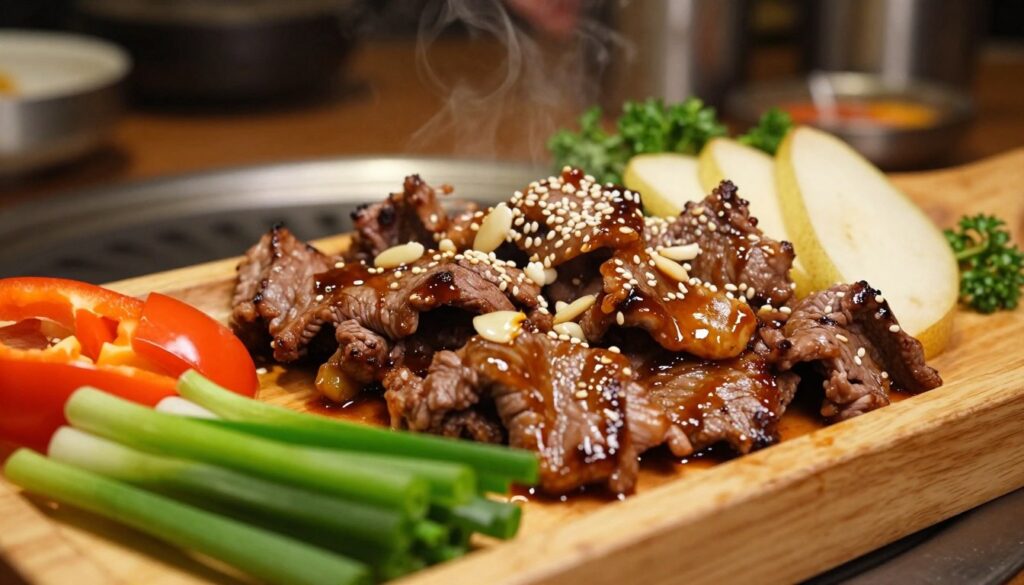 Bulgogi beef marinated in a rich blend of soy sauce, sesame oil, garlic, and pear, sizzling on a hot grill, showcasing the caramelization and tenderness of the meat. In the foreground, vibrant greens of scallions and crisp, colorful bell peppers accent the dish. In the middle, a wooden serving platter holds the beautifully arranged bulgogi, garnished with sesame seeds and fresh herbs. The background features a softly blurred setting, hinting at a traditional Korean dining environment with warm, ambient lighting. Shot from a slightly elevated angle to capture all the details, the mood conveys an inviting and delicious atmosphere, perfect for a culinary guide focused on Asian flavors. No text or overlays present.
