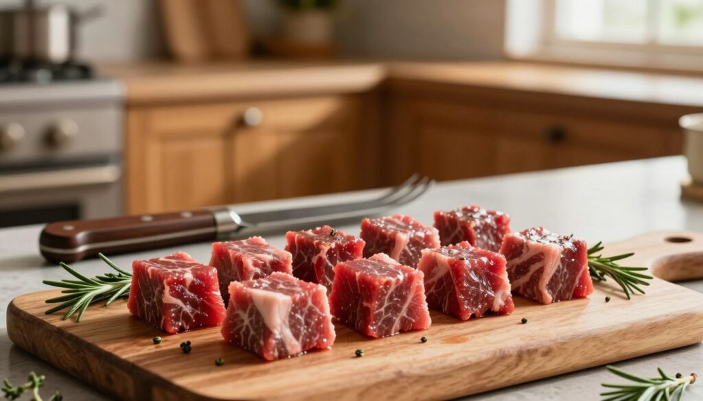 Chuck roast cubes and sirloin cuts labeled distinctly for beef tips, artfully arranged on a wooden cutting board in the foreground. The beef cubes should be glistening, showcasing their marbled texture and rich red color, with fresh herbs like rosemary and thyme scattered around for added vibrancy. In the middle ground, a vintage knife and a rustic fork complement the scene, suggesting preparation. The background features a soft-focused kitchen setting with warm wooden cabinetry, enhancing the inviting atmosphere. Natural light filters in from a nearby window, casting gentle shadows and highlighting the flavorful essence of the beef. The mood is cozy and homely, perfect for a hearty homemade meal. Chuck roast cubes and sirloin cuts labeled distinctly for beef tips, artfully arranged on a wooden cutting board in the foreground. The beef cubes should be glistening, showcasing their marbled texture and rich red color, with fresh herbs like rosemary and thyme scattered around for added vibrancy. In the middle ground, a vintage knife and a rustic fork complement the scene, suggesting preparation. The background features a soft-focused kitchen setting with warm wooden cabinetry, enhancing the inviting atmosphere. Natural light filters in from a nearby window, casting gentle shadows and highlighting the flavorful essence of the beef. The mood is cozy and homely, perfect for a hearty homemade meal.