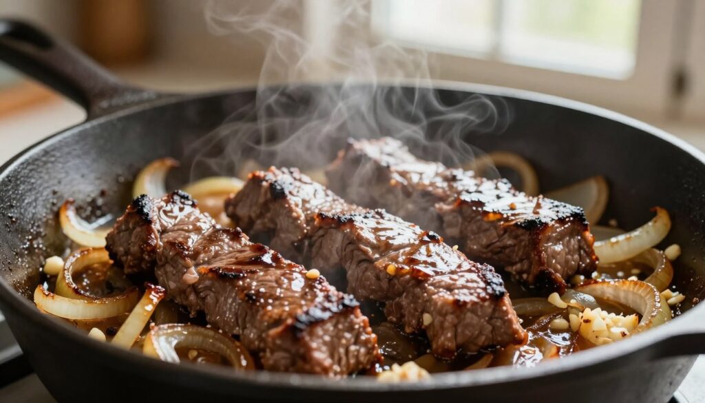 Close-up shot of tender chuck beef tips sizzling in a cast iron skillet, beautifully browned and glistening with juices. Surrounding the beef, lightly caramelized golden onions and fragrant minced garlic add a burst of color and texture, with steam rising gently, hinting at the savory flavors. The background features a rustic kitchen setting, softly lit by warm, natural light coming from a nearby window, enhancing the cozy atmosphere. Focus on the textures of the meat and vegetables, with a shallow depth of field that blurs the background slightly while keeping the ingredients in sharp detail. This image captures the essence of a hearty, homemade dish, evoking warmth and appetizing richness. Close-up shot of tender chuck beef tips sizzling in a cast iron skillet, beautifully browned and glistening with juices. Surrounding the beef, lightly caramelized golden onions and fragrant minced garlic add a burst of color and texture, with steam rising gently, hinting at the savory flavors. The background features a rustic kitchen setting, softly lit by warm, natural light coming from a nearby window, enhancing the cozy atmosphere. Focus on the textures of the meat and vegetables, with a shallow depth of field that blurs the background slightly while keeping the ingredients in sharp detail. This image captures the essence of a hearty, homemade dish, evoking warmth and appetizing richness.