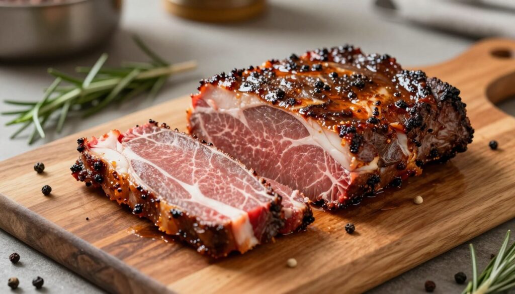 Flat cut and point cut brisket portions artistically arranged on a wooden cutting board, surrounded by herbs and spices like rosemary and peppercorns for added texture. The brisket pieces glisten with a rich, savory rub, showcasing their marbling and tenderness. Soft, diffused lighting creates a warm, inviting atmosphere, emphasizing the natural colors of the meat and the rustic wood grain of the board. A shallow depth of field captures the brisket in sharp focus, while the background remains softly blurred, hinting at a cozy kitchen setting with hints of cookware. The mood is appetizing and homey, perfect for highlighting the preparation of a delicious, fall-apart tender brisket dish.