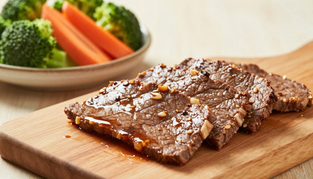Thin slices of marinated beef ready for cooking bulgogi and beef and broccoli, artfully arranged on a wooden cutting board. The glossy sheen of the beef highlights the rich, dark marinade with hints of garlic and soy sauce. In the background, vibrant broccoli florets and thinly sliced carrots are placed in a rustic bowl, creating a colorful contrast. Soft, natural lighting casts gentle shadows, enhancing the textures of the meat and vegetables. A shallow depth of field focuses on the beef in the foreground, with a warm atmosphere evoking a sense of home cooking and culinary tradition. The overall composition is appetizing and inviting, perfect for showcasing these flavorful Asian beef recipes.